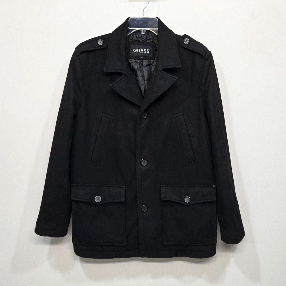 GUESS Peacoat Jacket Mens Medium Black Wool Blend Military Utility Quilted Lined